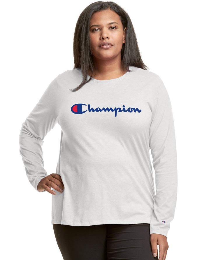 Champion Dame T-Shirts Hvide - Plus Classic Long-Sleeve Script Logo - Danmark LOD-285364